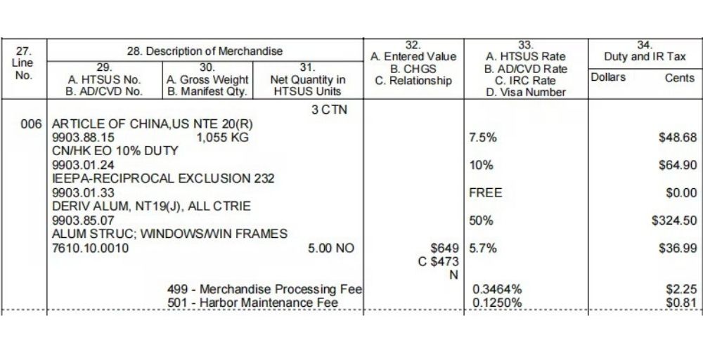 Hihaus CBP Form 7501 import duty calculation HTS 7610.10 Hihaus CBP Form 7501 import duty calculation HTS 7610.10